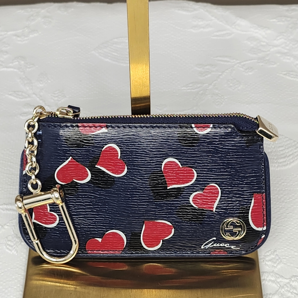 Gucci Bloom Navy Heart Print Women's Coin Key Pouch Wallet